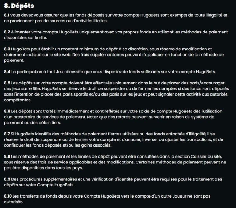 Hugo Bets Casino moyens paiement